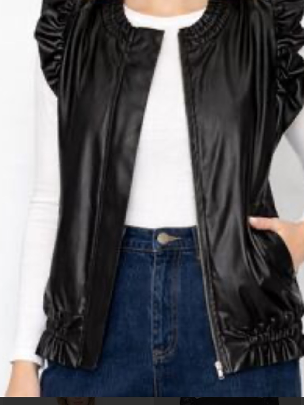 Joh Black Faux Leather Ruffle-Sleeve Zip Vest Size Medium